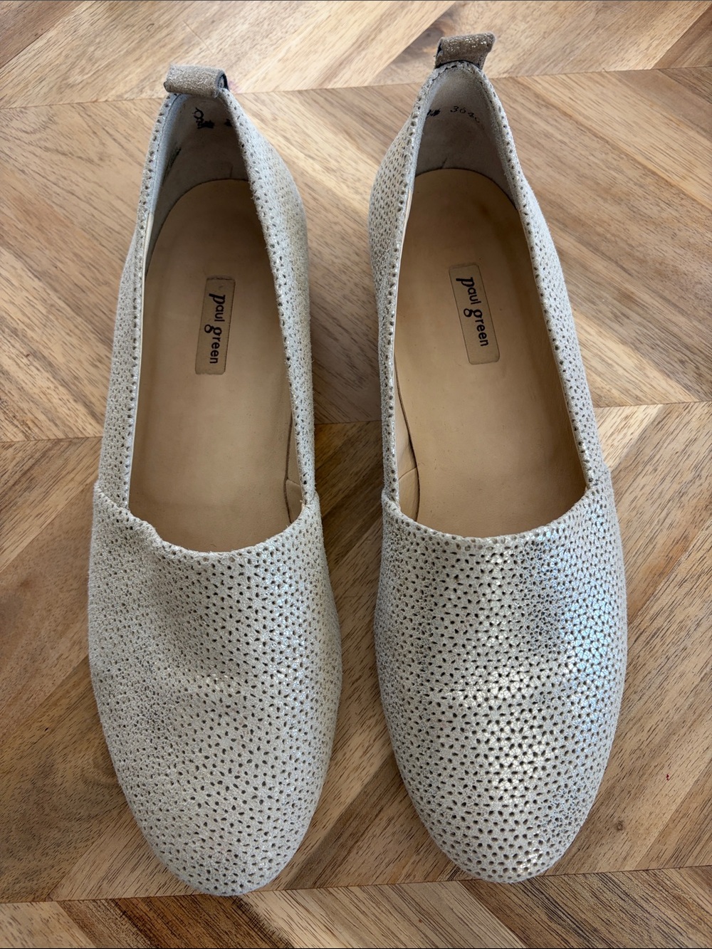 Paul Green Metallic Perforated Leather Slip-On Flats in Light Silver/gold.
